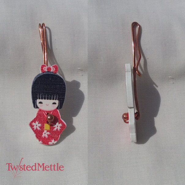 Copper hair clip or brooch. Japanese red lady wooden button