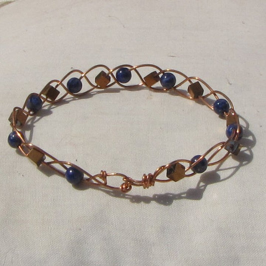 Copper plaited bracelet with lapis lazuli and copper hematite cubes