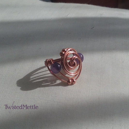 Copper Spiral ring, Amethyst beads