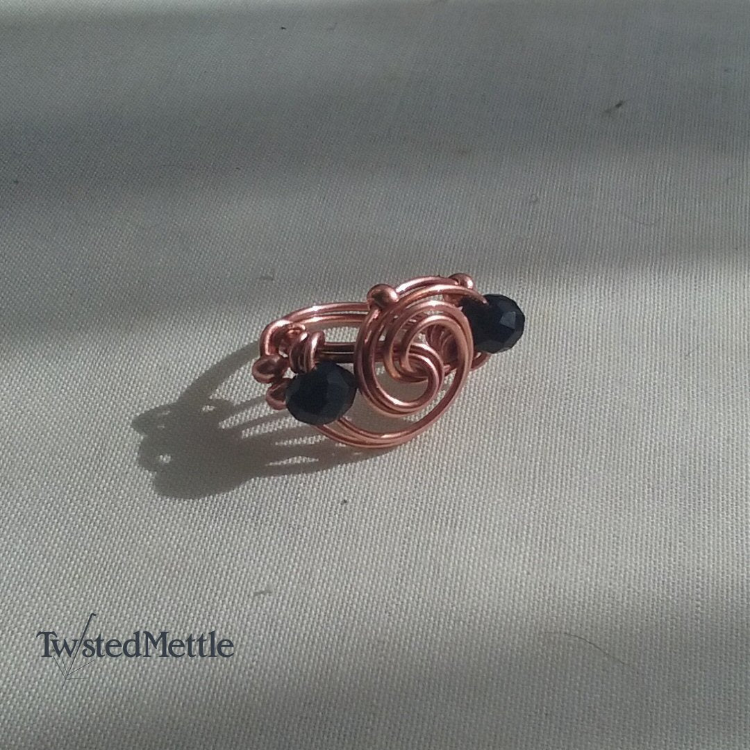 Copper Spiral ring, black beads