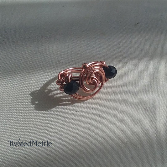 Copper Spiral ring, black beads