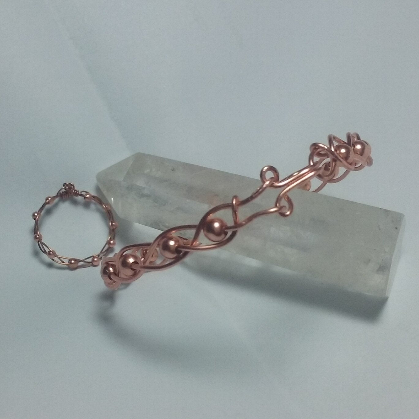 Copper braided ring and bracelet set - detail
