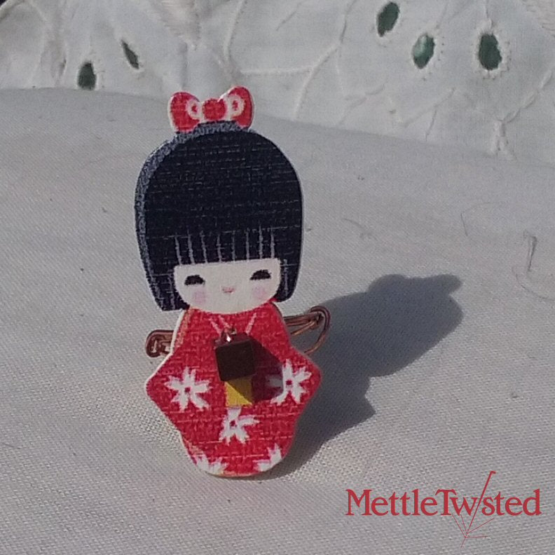 Copper Ring. Japanese Lady Red dress + bow, hematite cube