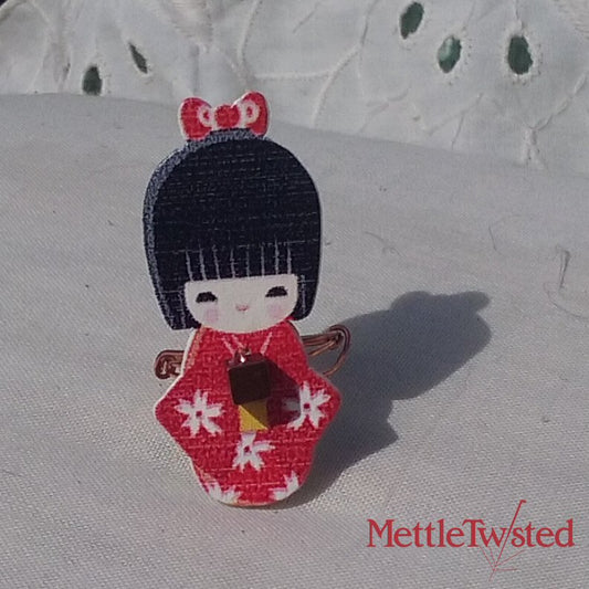 Copper Ring. Japanese Lady Red dress + bow, hematite cube