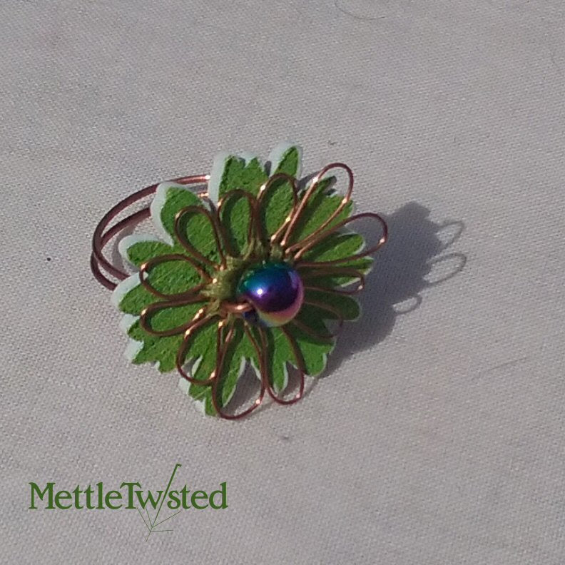 Copper Ring. Light green flower button ring, iridescent bead