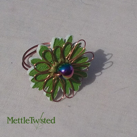 Copper Ring. Light green flower button ring, iridescent bead