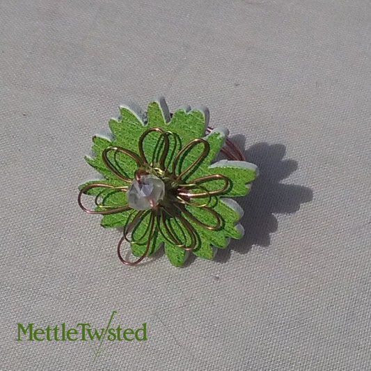 Copper Ring. Light green flower, crystal bead button ring