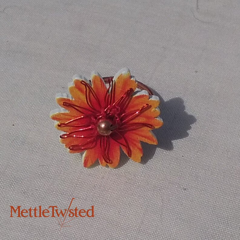 Copper Ring. Orange and red flower button ring, copper bead