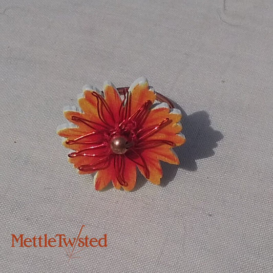 Copper Ring. Orange and red flower button ring, copper bead
