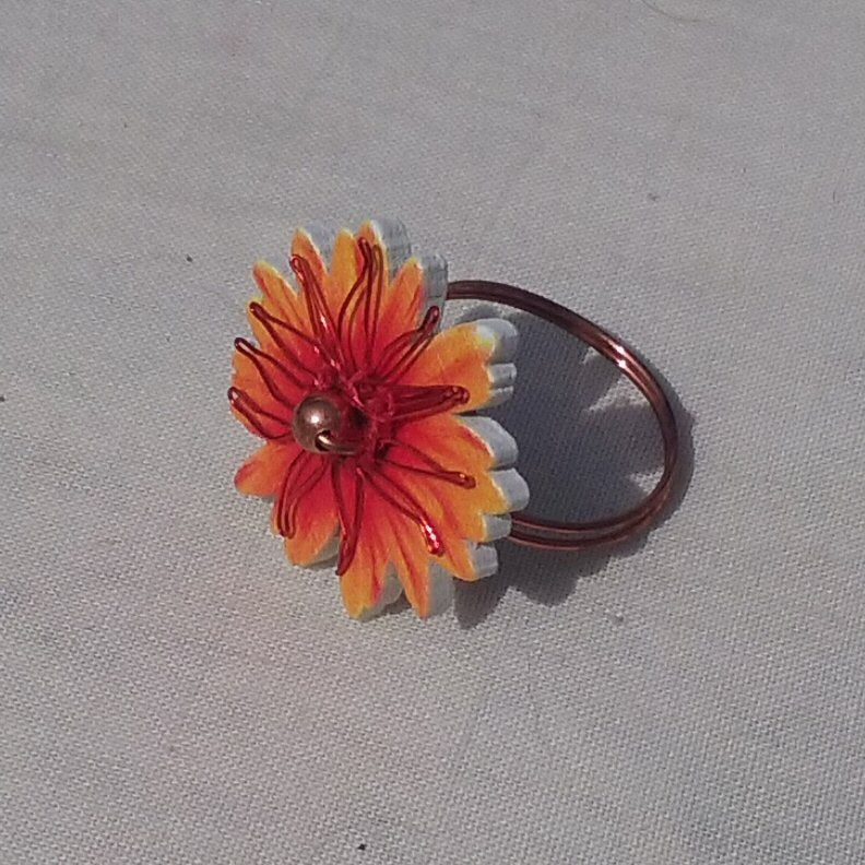 Copper Ring. Orange and red flower - detail