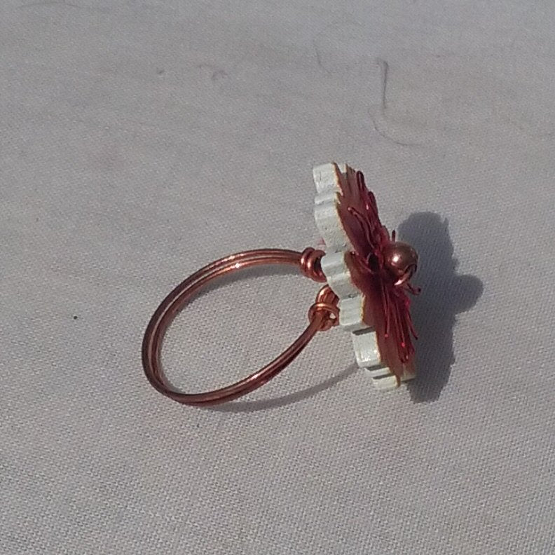 Copper Ring. Orange and red flower - detail