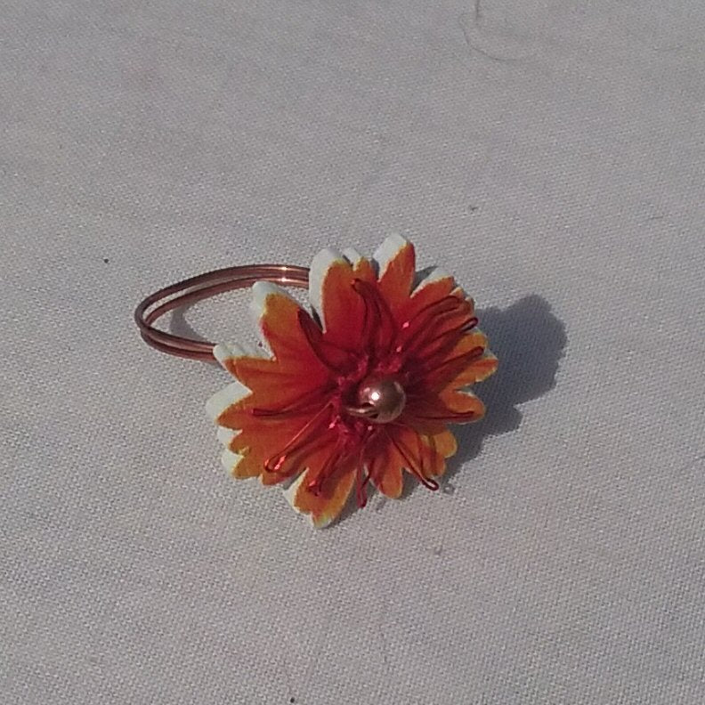 Copper Ring. Orange and red flower - detail