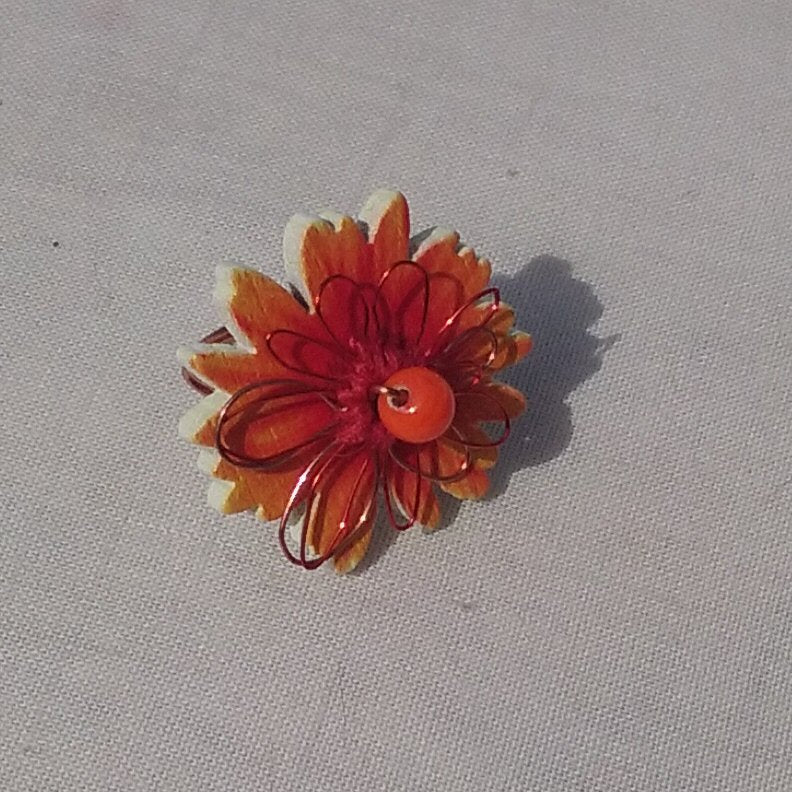 Copper Ring. Orange and red flower - detail
