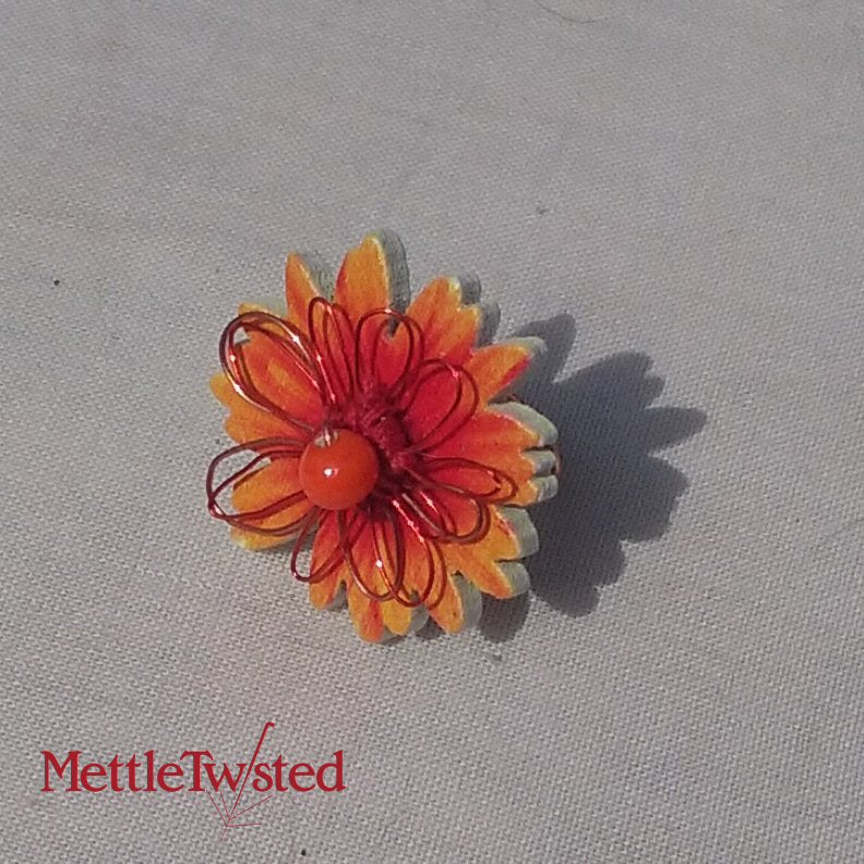 Copper Ring. Orange and red flower, wooden bead button ring