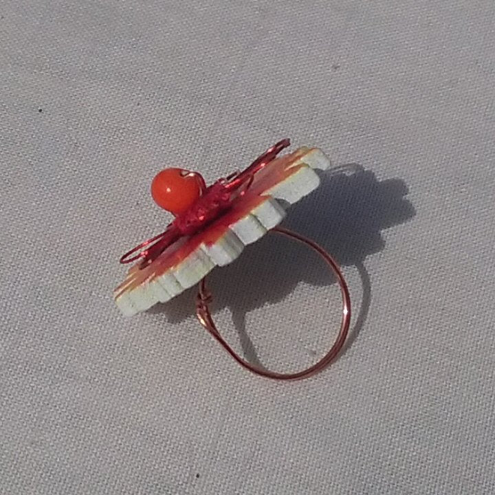 Copper Ring. Orange and red flower - detail