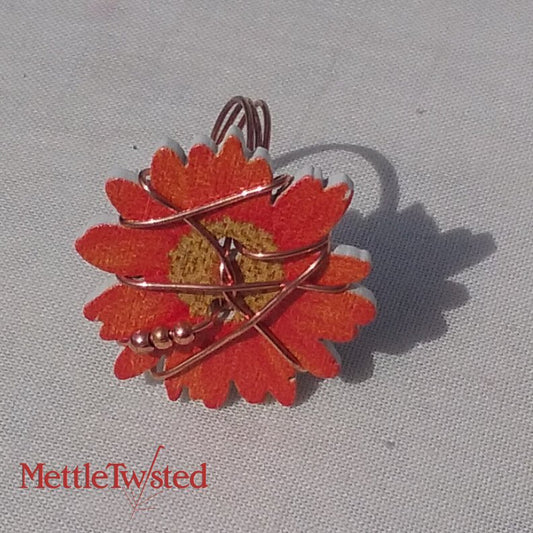 Copper Ring. Orange flower button ring, copper beads and wire