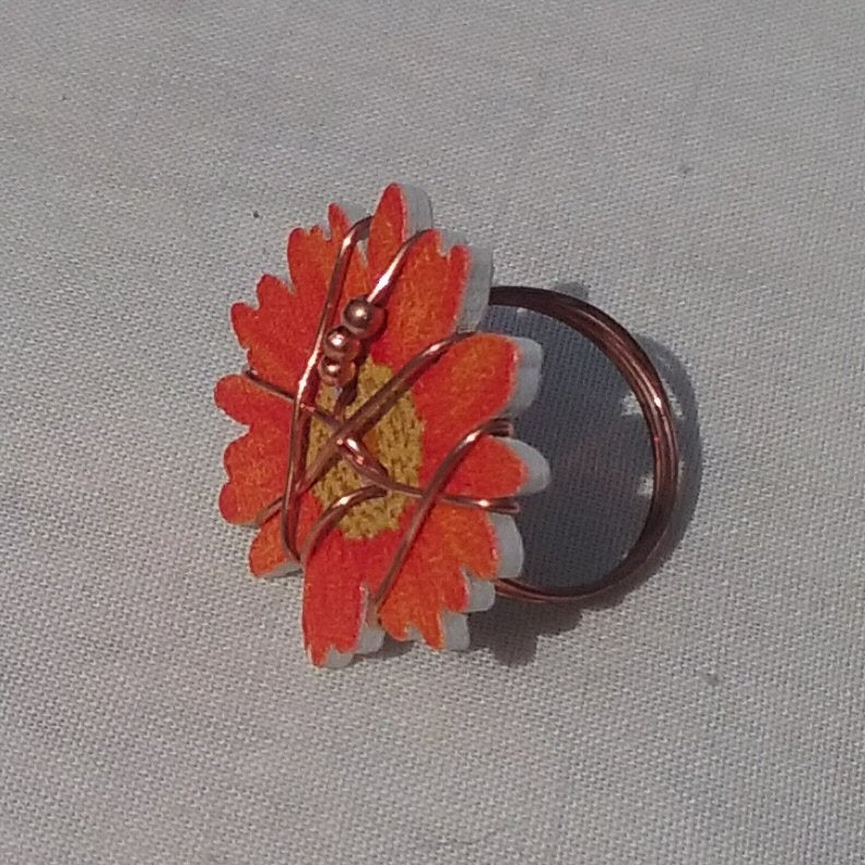 Copper Ring. Orange flower button ring - detail