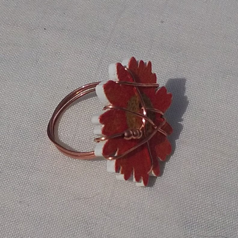 Copper Ring. Orange flower button ring - detail