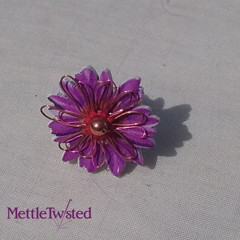 Copper Ring. Purple flower button ring, copper bead