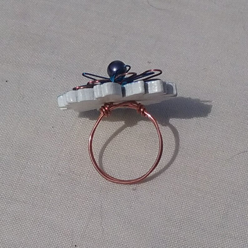 Copper Ring. Two blues flower - detail