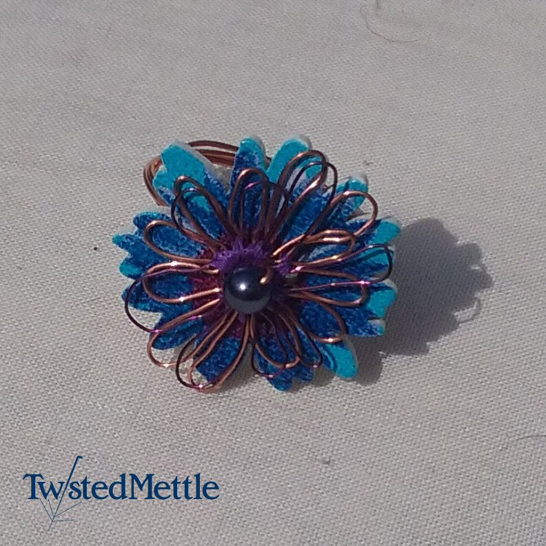 Copper Ring. Two blues flower button ring