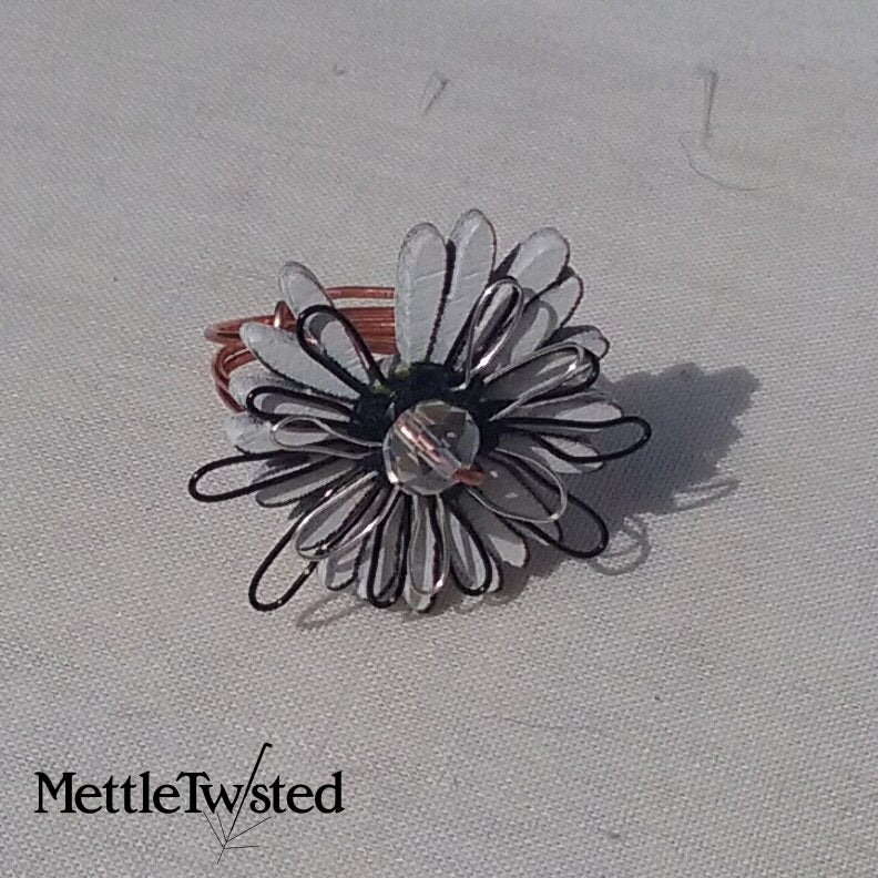 Copper Ring. White and black Daisy button ring crystal centre