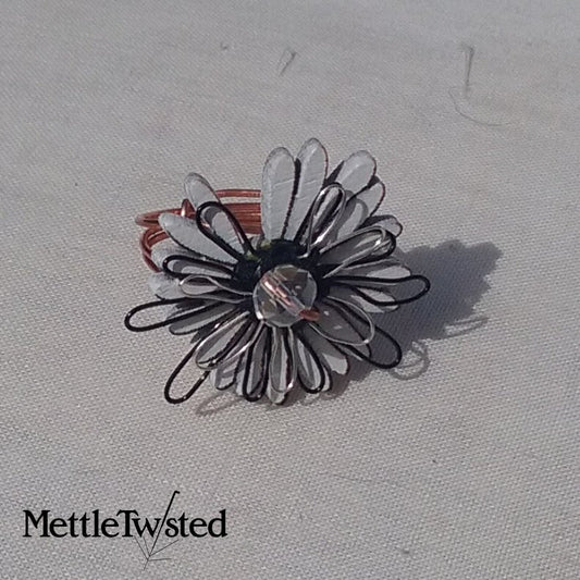 Copper Ring. White and black Daisy button ring crystal centre