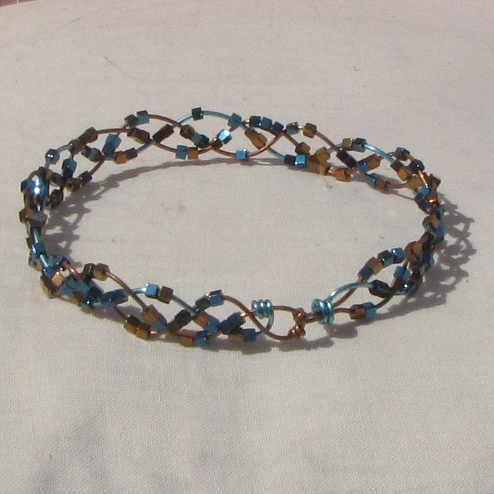 Copper and blue plaited bracelet - detail