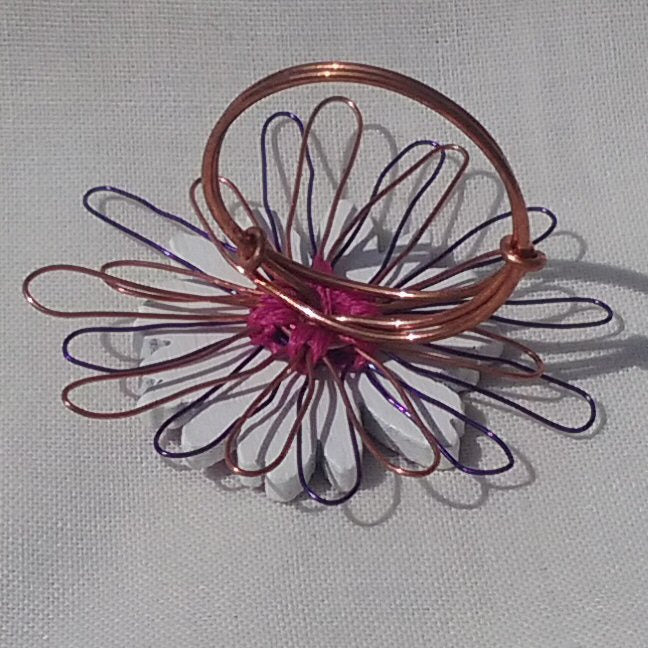 Copper ring, purple flower - detail