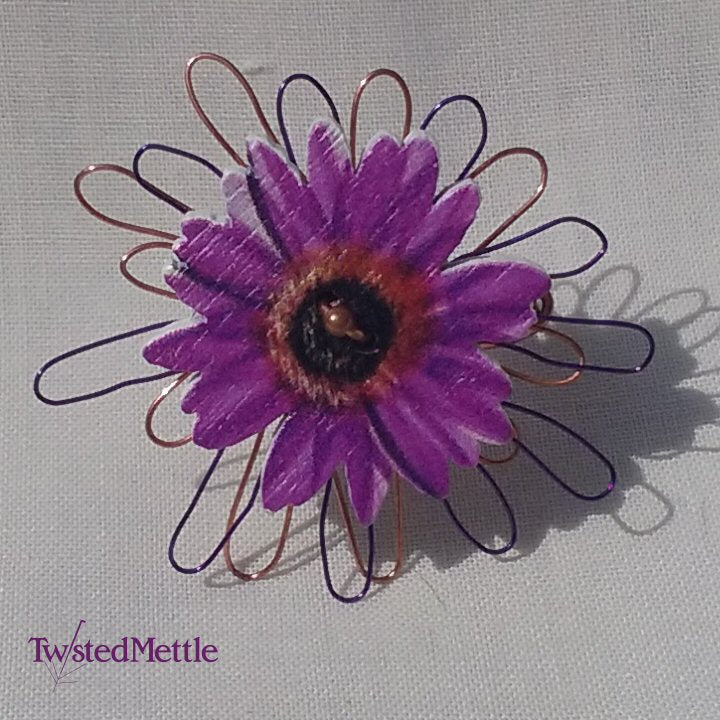 Copper ring, small copper central bead, purple flower, copper and purple copper external flowers
