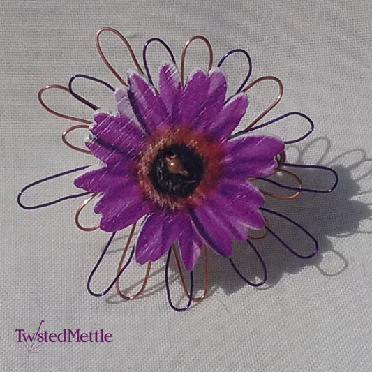 Copper ring, small copper central bead, purple flower, copper and purple copper external flowers