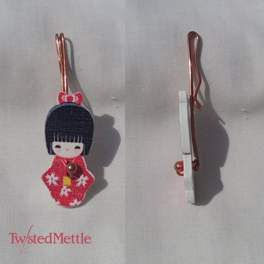 Copper hair clip or brooch. Japanese red lady wooden button