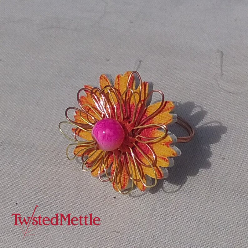 Copper Ring. Orange and red flower button ring