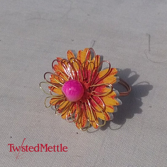 Copper Ring. Orange and red flower button ring