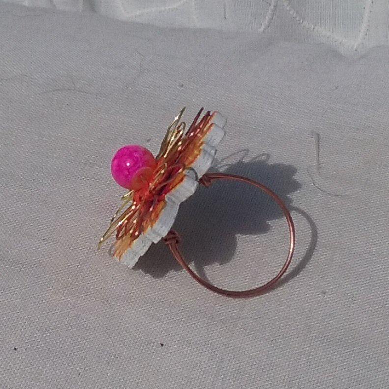 Copper Ring. Orange and red flower - detail