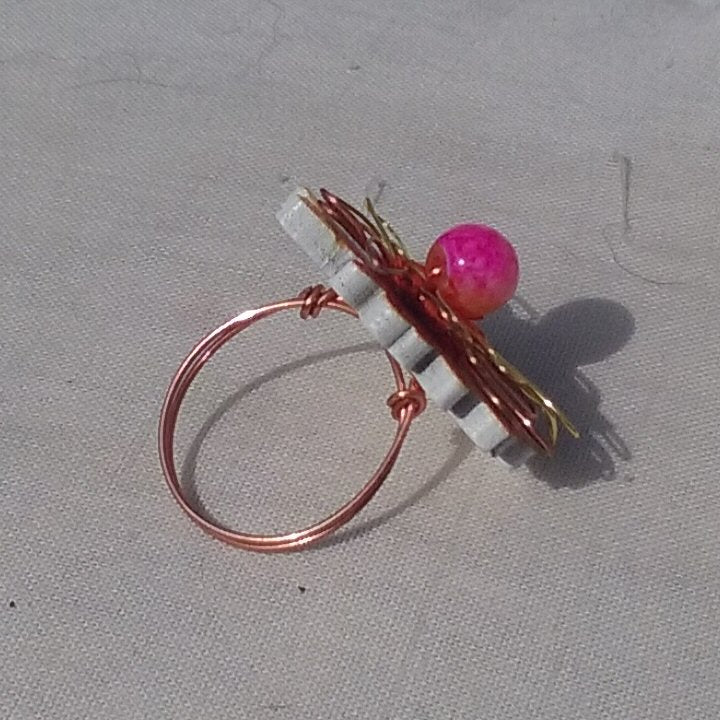 Copper Ring. Orange and red flower - detail