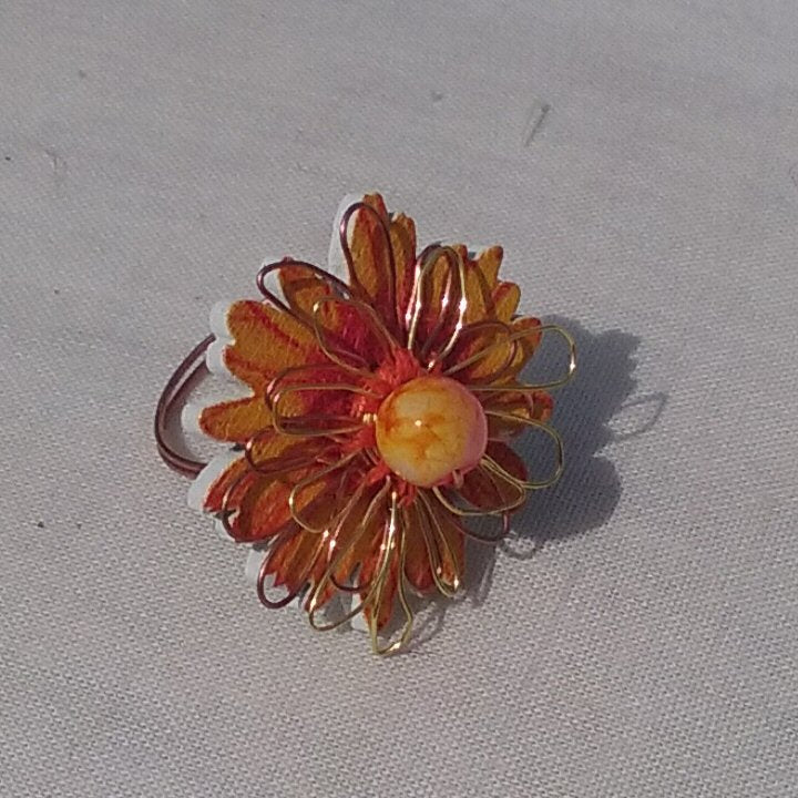 Copper Ring. Orange and red flower - detail