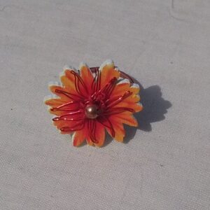 copper ring. orange and red flower button ring copper bead 138 1