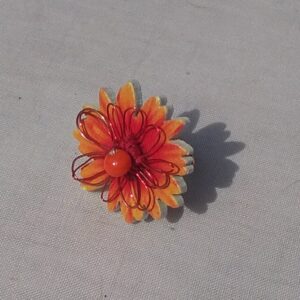 copper ring. orange and red flower wooden bead button ring 138 2