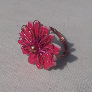 copper ring. pinkish red flower copper bead button ring 138 2